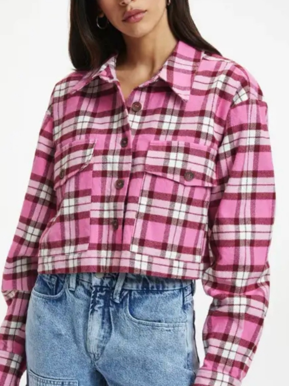 Good American Pink Plaid Cropped Jean Jacket